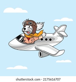 Cute-Hund Fliegen mit Flugzeug Cartoon Premium Vektor Das Konzept der isolierten Technologie. FlachCartoon-Stil geeignet für Landing-Webseiten, Banner, Flyer, Sticker, Karten