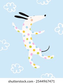 Cute Dog Flying Among Clouds. Happy Dalmatian on a Blue Background. Nursery Art with Funny Dog. Kids' Room Decoration. Nursery Vector Print with Dalmatian Dog With Colorful Dots on Its Fur. RGB.