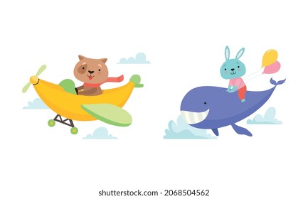 Cute Dog Flying in Banana Helicopter and Hare on Back of Whale Vector Set