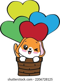 Cute dog flying basket balloon hearts