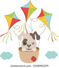 Cute dog flying inside basket with kites

