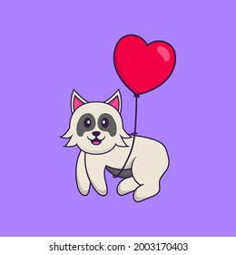 Cute dog flying with love shaped balloons. Animal cartoon concept isolated. Can used for t-shirt, greeting card, invitation card or mascot.