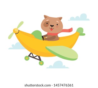 Cute Dog Flying on Airplane Made of Banana, Funny Adorable Animal in Transport Vector Illustration