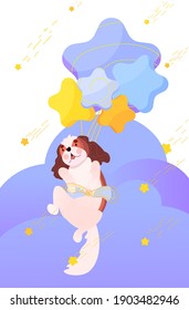 cute dog flying on balls in the shape of stars among the clouds, starfall, cavalier king charles spaniel, good night, puppy, vector illustration