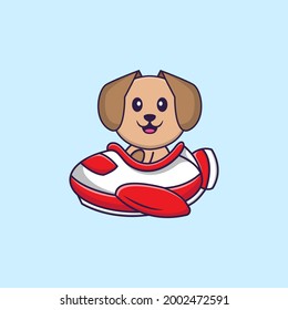 Cute dog flying on a plane. Animal cartoon concept isolated. Can used for t-shirt, greeting card, invitation card or mascot.