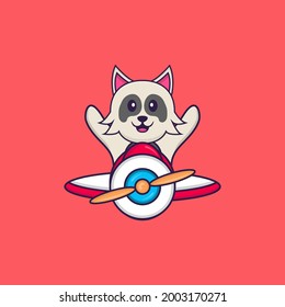 Perro lindo volando en un avión. El concepto de caricatura animal aislado. Puede usarse para camisetas, tarjetas de felicitación, tarjetas de invitación o mascota.