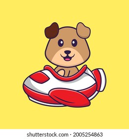 Cute dog flying on a plane. Animal cartoon concept isolated. Can used for t-shirt, greeting card, invitation card or mascot.