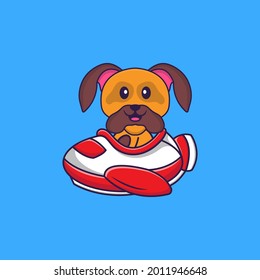 Cute dog flying on a plane. Animal cartoon concept isolated. Can used for t-shirt, greeting card, invitation card or mascot.