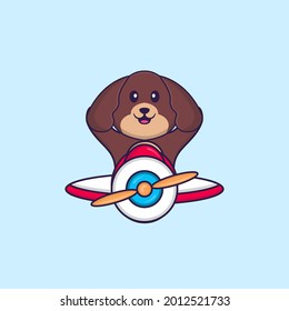 Cute dog flying on a plane. Animal cartoon concept isolated. Can used for t-shirt, greeting card, invitation card or mascot.
