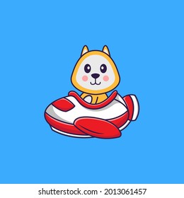 Perro lindo volando en un avión. El concepto de caricatura animal aislado. Puede usarse para camisetas, tarjetas de felicitación, tarjetas de invitación o mascota.