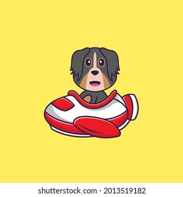 Cute dog flying on a plane. Animal cartoon concept isolated. Can used for t-shirt, greeting card, invitation card or mascot.