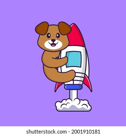 Cute dog flying on rocket. Animal cartoon concept isolated. Can used for t-shirt, greeting card, invitation card or mascot.