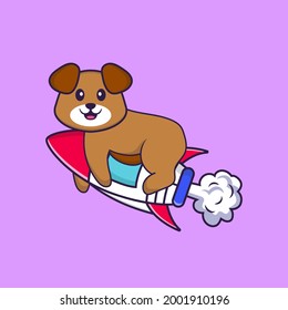 Cute dog flying on rocket. Animal cartoon concept isolated. Can used for t-shirt, greeting card, invitation card or mascot.