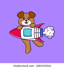 Cute dog flying on rocket. Animal cartoon concept isolated. Can used for t-shirt, greeting card, invitation card or mascot.