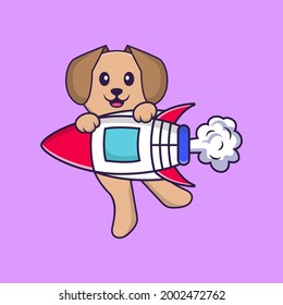 Perro lindo volando sobre un cohete. El concepto de caricatura animal aislado. Puede usarse para camisetas, tarjetas de felicitación, tarjetas de invitación o mascota.