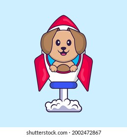 Cute dog flying on rocket. Animal cartoon concept isolated. Can used for t-shirt, greeting card, invitation card or mascot.