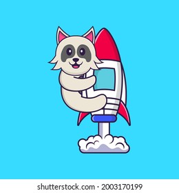 Cute dog flying on rocket. Animal cartoon concept isolated. Can used for t-shirt, greeting card, invitation card or mascot.