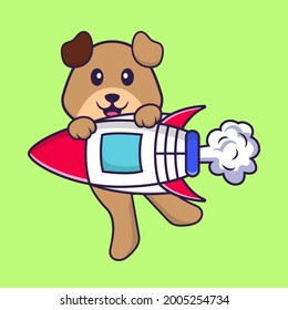 Cute dog flying on rocket. Animal cartoon concept isolated. Can used for t-shirt, greeting card, invitation card or mascot.