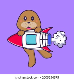 Perro lindo volando sobre un cohete. El concepto de caricatura animal aislado. Puede usarse para camisetas, tarjetas de felicitación, tarjetas de invitación o mascota.