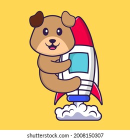 Cute dog flying on rocket. Animal cartoon concept isolated. Can used for t-shirt, greeting card, invitation card or mascot.