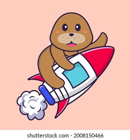 Cute dog flying on rocket. Animal cartoon concept isolated. Can used for t-shirt, greeting card, invitation card or mascot.