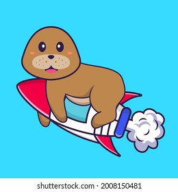 Cute dog flying on rocket. Animal cartoon concept isolated. Can used for t-shirt, greeting card, invitation card or mascot.