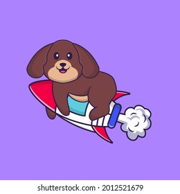 Cute dog flying on rocket. Animal cartoon concept isolated. Can used for t-shirt, greeting card, invitation card or mascot.