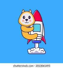 Cute dog flying on rocket. Animal cartoon concept isolated. Can used for t-shirt, greeting card, invitation card or mascot.