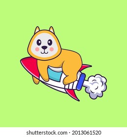 Cute dog flying on rocket. Animal cartoon concept isolated. Can used for t-shirt, greeting card, invitation card or mascot.