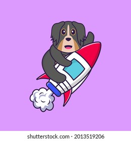 Cute dog flying on rocket. Animal cartoon concept isolated. Can used for t-shirt, greeting card, invitation card or mascot.