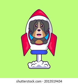 Cute dog flying on rocket. Animal cartoon concept isolated. Can used for t-shirt, greeting card, invitation card or mascot.