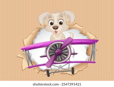 Cute dog flying a purple vintage airplane
