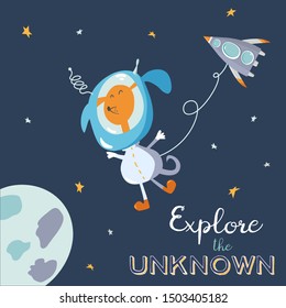 Cute Dog flying in space near the planet. Space doodle illustration. Explore the Unknown. Cartoon hand drawn vector illustration. Can be used for t-shirt print, kids wear fashion design