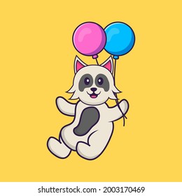 Cute dog flying with two balloons. Animal cartoon concept isolated. Can used for t-shirt, greeting card, invitation card or mascot.