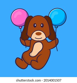Perro lindo volando con dos globos.