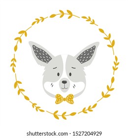 Cute dog in the frame and yellow leaves in the Scandinavian style on a white background