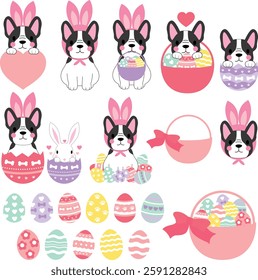 cute dog, French bulldog, Easter dog, bunny ears, dog with eggs, Easter basket, pastel eggs, holiday pet, festive puppy, dog in egg