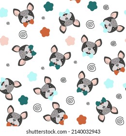 Cute Dog ,french bulldog puppy face dog head doodle vector seamless pattern wallpaper. 