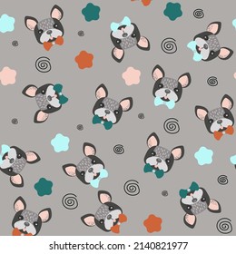 Cute Dog ,french bulldog puppy face dog head doodle vector seamless pattern wallpaper. 