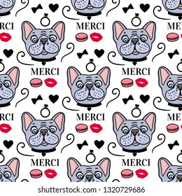 Cute dog french style Merci. Seamless pattern surface design. Vector hand drawn sketch isolated on white background.