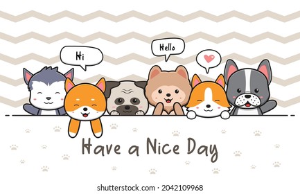 Cute dog and friends greeting card doodle cartoon icon illustration flat cartoon style design