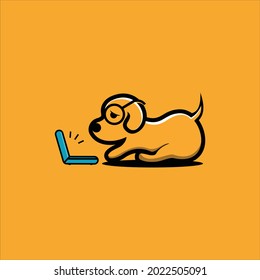 Cute dog in front of laptop, vector logo illustration.