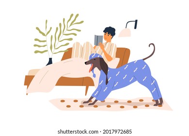 Cute dog in funny pyjamas and owner resting in bed and reading book in cozy home. Person and doggy in clothes on holiday lazy morning. Colored flat vector illustration isolated on white background