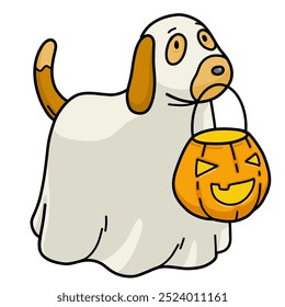 A cute dog with ghost costume holding candy basket