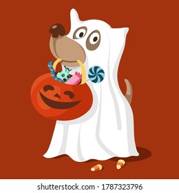 Cute dog in ghost costume and pumpkin for Halloween sweets  Cartoon vector illustration 