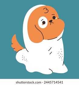 Cute dog in ghost costume vector cartoon illustration isolated on background.