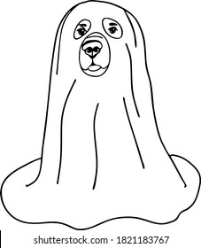 linda ilustración del vector fantasma del perro. boceto fantasma. tarjeta de saludo de halloween. Pegatinas animales. Espíritu atraído por la mano. Fiestas de octubre 