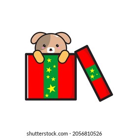 Cute dog In The Gift Box Cartoon Vector Illustration Design. Christmas Icon Concept. Flat Cartoon Style Suitable for Web Landing Page, Banner, Sticker, Background