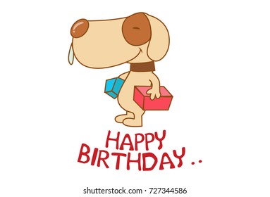 Cute Dog with gifts and saying Happy Birthday. Vector Illustration. Isolated on white background.