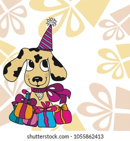 Cute dog with gifts. Vector illustration